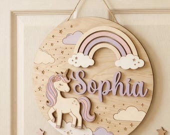 Gepersonaliseerde naambordje eenhoorn, houten regenboog kinderkamerdecoratie, aangepaste naamplaatje babymeisje, kinderkamer muurhanger cadeau