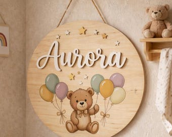 Gepersonaliseerde houten naambord teddybeer, wanddecoratie teddybeer kinderkamer, aangepaste babynaambord, kamerdecor babymeisje, cadeau pasgeboren
