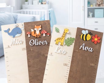 Gepersonaliseerde houten groeimeter, aangepaste naam kinderkamerdecoratie, dierenontwerpen