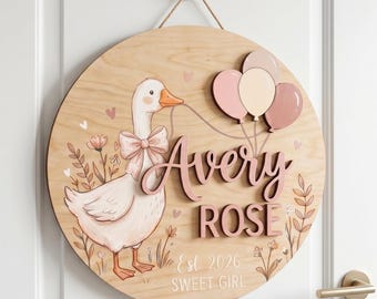 Gepersonaliseerde houten naambord babymeisje, decor gans kinderkamer, aangepast naambord met ballonnen, wanddecoratie babykamer meisje, cadeau pasgeboren