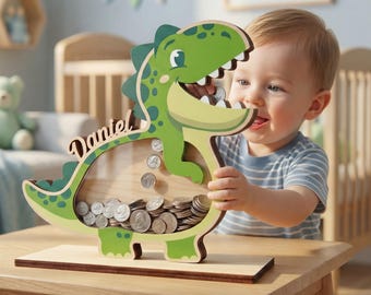 Gepersonaliseerde dinosaurusspaarpot voor kinderen, aangepaste naam houten muntbank, decor dinosaurus kinderkamer, kinderspaarbank, cadeau voor jongens, meisjes