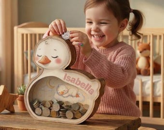 Gepersonaliseerde ganzenspaarpot voor kinderen, aangepaste naam houten muntenbank, decor ganzenkwekerij, kinderspaarpot, cadeau voor jongens, meisjes