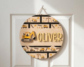 Gepersonaliseerde constructienaambord, aangepast houten naambord met graafmachine, jongenskamerdecor, kinderkamerdecor vrachtwagen, kindernaam muurbord cadeau