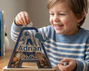 Gepersonaliseerde houten brief spaarpot, oceaan aangepaste naam spaarpot, walvis thema kinderkamer decor, spaardoos kinderen, verjaardagscadeau voor baby