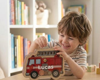 Gepersonaliseerde brandweerspaarpot, aangepaste naam houten spaarpot, decor jongenskamer, kinderspaarpot, cadeau voor jongens