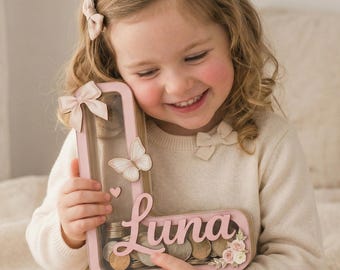 Gepersonaliseerde houten brief spaarpot voor meisjes, aangepaste naam spaarpot, baby meisje decor babykamer, spaarpot kinderen, verjaardagscadeau voor baby