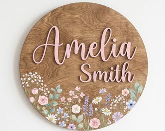 Gepersonaliseerde babynaambord wilde bloemen, houten naambord, naambord kinderkamer, bord babynaam, 3D-bord aangepaste naam, kraamcadeau