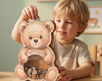 Gepersonaliseerde teddybeer spaarpot voor kinderen, aangepaste naam houten muntbank, teddybeer kinderkamerdecoratie, kinderspaarbank, cadeau voor jongens meisjes