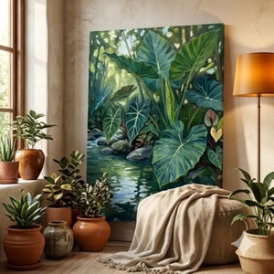 Tropical Alocasia Lake Wall Art – Botanical Jungle 4K Print, Green Plant Stream Landscape, Nature Home Decor