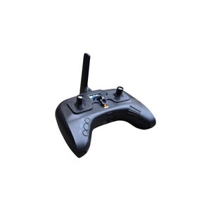 May include: Black drone remote control with a prominent antenna and multiple buttons. The controller has a curved design with a small display screen and is designed for ease of use. The device is set against a white background.