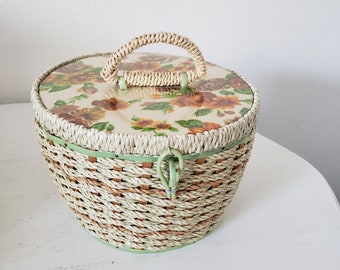 VTG Retro 80s 90s Sewing Wooden Basket Storage Fabric Patchwork Case Stand Rack