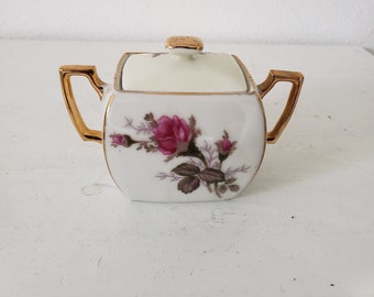 Vintage Royal Sealy Porcelain Rose Covered Sugar Bowl/Gold Handles/ Irredrscent Glaze/ Cottage/Japan