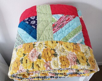 Vintage Handmade Reversible Red Cross Twin Quilt/Reverses to Mod Flora/Boho/Machine Pieced