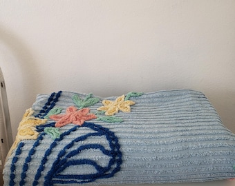 Vintage Blue Cotton Chenille Full Bedspread/Floral basket/Blue Bow/Blue Ribbon/MCM/Boho/Kitsch