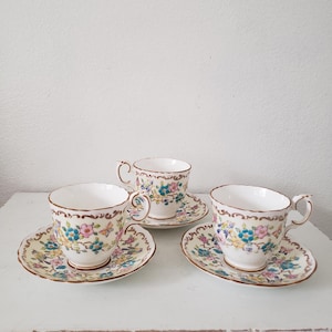 Set of 3 Vintage Crown Staffordshire England Bone China Birds/Butterflies Teacups and Saucers/Cottage/Shabby Chic