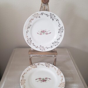 May include: Two white ceramic plates with a floral design. The plates have a gold rim and a floral pattern in the center. The plates are displayed on a small wooden easel.