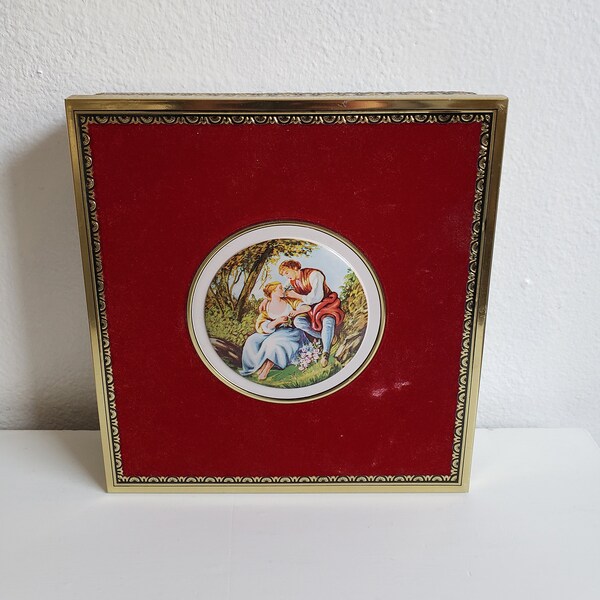 Vintage West German Tin/Embossed Detail/Raised Faux Cameo/Pastoral Scene