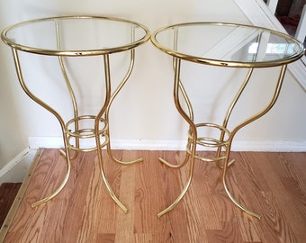 Two Vintage Round Glass Top End Tables/Gold Hollow Tubular Metal/80&#39;s/ Art Deco Style/Hollywood Regency