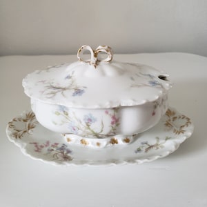 Antique Haviland French Limoges  Gravy/Sauce Boat with Attached Plate/Cottage/French Country