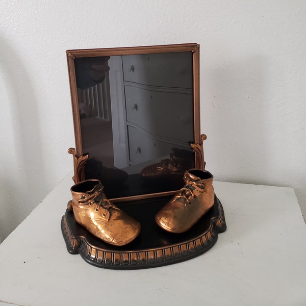 Vintage Bronzed Baby Shoes Mounted On Picture Frame/Ornate Base/Leaf Detail