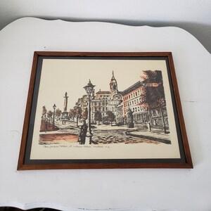 Vintage A.J. Maurius Wood Framed Litho/Place Jacques Cartier, et Colonne Nelson, Montreal P.Q.