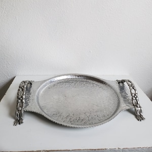 CLEARANCE-Vintage Hammered Aluminum Hand Wrought Rodney Kent Creations Tray/ Floral Handles/Ribbon Feet