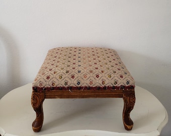 Vintage 1930&#39;s Square Wood Footstool/Carved  Queen Ann Legs/Floral Upholsery/Nailhead Trim/Cottage/Farmhouse