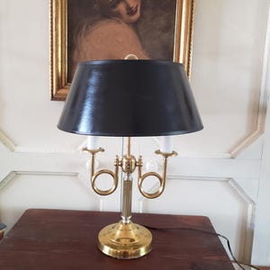 Vintage Brass French Horn Double Light Socket Candlestick Bouillotte  Lamp/Classic Black Shade/Modern Heritage