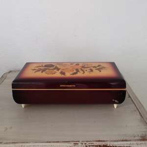 Vintage Flora Inlay/Marquetry Walnut Sorrento Italy Music Jewelry Box/Music Box Not Working/Reuge/Red Velvet Lining