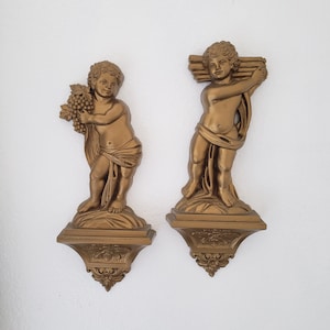 Vintage MCM Dart, Indiana Gold Resin Wall Cherub Hangings./MCM/Hollywood Regency