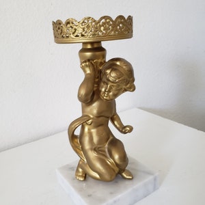 Vintage Cast Metal Cherub Pillar Candle Holder/Marble Base