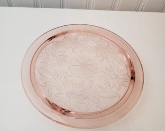 Vintage Jeanette Pink Depression Glass Footed Cake Plate/Sunflower Pattern/1930-1935