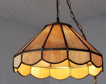 Vintage Slag Glass Pendant Hanging Lamp/Amber/Scalloped Edge/MCM