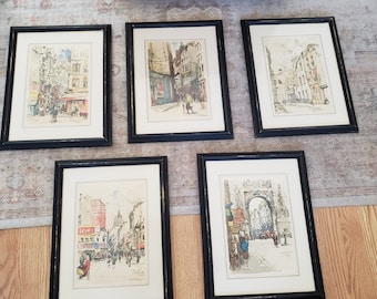 Rare Set Of 5 Wood Frame Jan Korthals Pais Watercolor Litho Prints/1960's/MCM