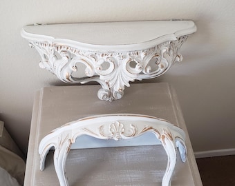 Two Vintage Upcycled Shabby Baroque Style Wall Shelves/White/Gold Accents/Burwood/Italy/Resin