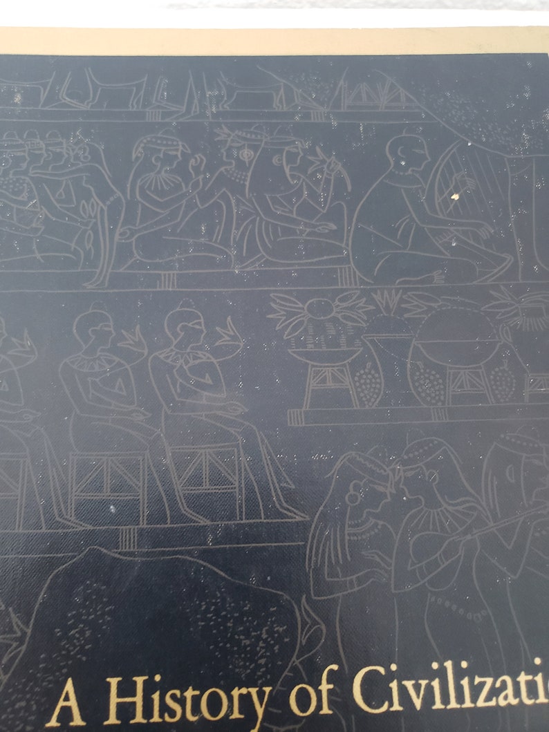May include: A black book cover with gold lettering that reads "A History of Civilization". The cover features a detailed illustration of people in ancient Egyptian clothing.