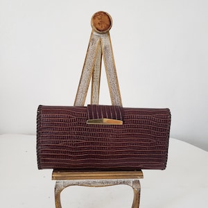 LIQUIDACIÓN: Cartera de mano vintage de piel de lagarto cosida a mano en color marrón