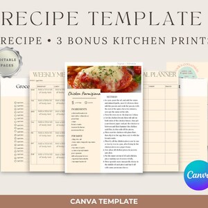 May include: A recipe template with the text "RECIPE TEMPLATE" and "1 RECIPE • 3 BONUS KITCHEN PRINTS." The template includes a recipe for Chicken Parmigiana, a weekly meal planner, and a grocery list. The Canva logo is visible.