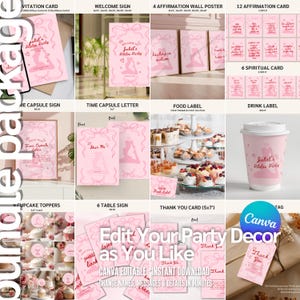 May include: A pink party decor bundle with items such as invitations, welcome signs, affirmation posters, and cupcake toppers. Designs include Pilates-themed text and illustrations, with the text "Edit Your Party Decor as You Like" visible.