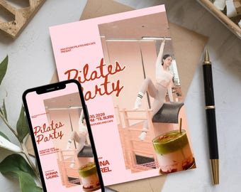 Soft Pink Pilates Matcha Party Invitation Template + FREE Thank You Card | Wellness Gathering for Girls & Women | Fitness Event Card | FP3