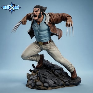 May include: A dynamic figurine of Wolverine in a battle stance, with claws extended. He wears a blue shirt, tan pants, and a brown jacket. The figure is posed on a rocky base, with the Arikel logo in the upper left corner.
