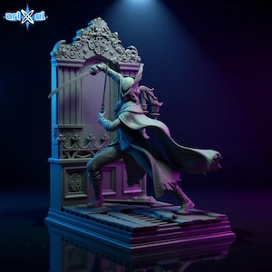 Puede incluir: Figura detallada de un personaje con capa con capucha, empuñando una espada, sobre un fondo ornamentado. La figura está en una pose dinámica, sugiriendo acción. La paleta de colores es principalmente apagada, con reflejos de la iluminación.