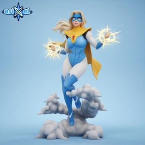 May include: A superheroine figurine in a dynamic pose, wearing a blue and white bodysuit with a yellow cape and accents. She has blonde hair and a blue mask, with glowing energy emanating from her hands. The figurine stands on a cloud base.