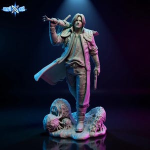 May include: A detailed figurine of a male character from a video game, holding a sword over his shoulder and a gun. The figure is wearing a long coat and pants, standing on a textured base. The figure is in a dynamic pose, with a neutral color palette.