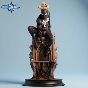 May include: A black Spider-Man figure with a white spider emblem, seated on a gothic throne. The statue features a gold cross and is set against a light blue backdrop. The logo "ariel" is in the top left corner of the image.