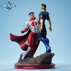 Batalla de superhéroes padre e hijo STL: Diorama de lucha épica de cómic, estatua de resina impresa en 3D