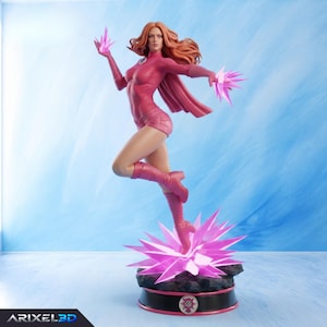 May include: A collectible figurine of a long-haired redheaded character wearing a pink bodysuit, cape, and boots. The character is posed in mid-air above a dark base with glowing pink crystalline energy effects emanating from the hands and feet.