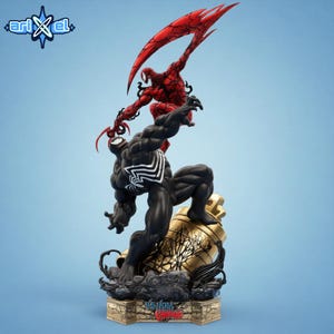 Puede incluir: Una estatua detallada con Venom y Carnage, dos personajes de Marvel Comics. Venom es negro con detalles blancos, mientras que Carnage es rojo. La base es dorada con las palabras "Venom Carnage". El logo de Arikel está en la esquina superior izquierda.