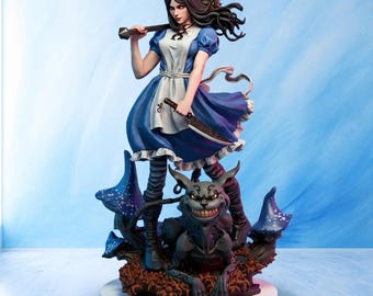 May include: A detailed figurine of a dark-haired character in a blue dress and white apron, holding a large knife and a club. The character stands on a base with a grinning, dark-furred creature and blue mushrooms. The text ARIXEL3D is visible.