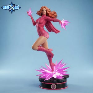 May include: A collectible figurine of a red-haired character in a pink bodysuit, cape, and boots, posed mid-air above a dark base with glowing pink crystal shards. The character has pink energy effects on both hands. The logo 'arixel' is in the corner.